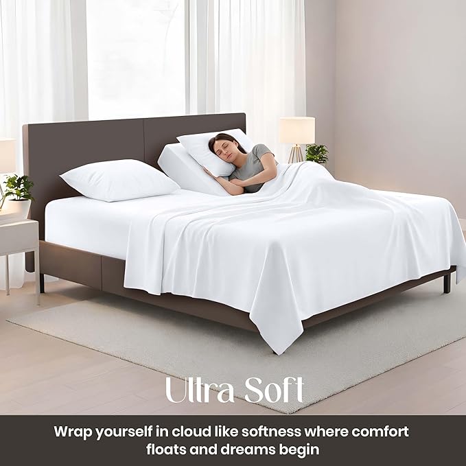 SGI bedding Adjustable Split Head Flex Top Cal King 34" Microfiber Sheet Set – Ultra Soft, Cooling & Deep Pocket 15” Fitted, 4-Piece Breathable & Durable Bedding Set for Split Cal King Beds -White