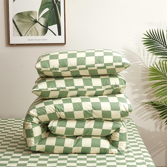 Houseri Sage Green and White Comforter Set King Plaid Light Green Beige Grid Bedding Checkerboard King Size Comforter Sets Women Men Grass Green Buffalo Plaid Comforters King Gingham Bedding Sets King