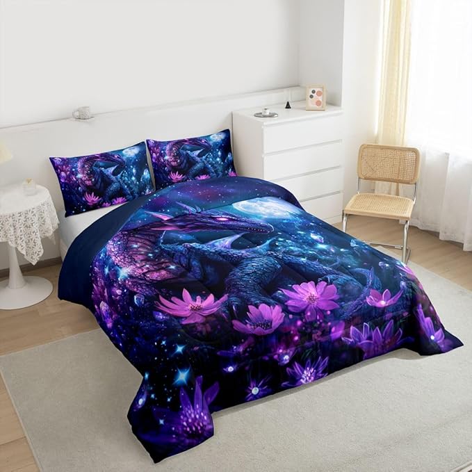 Feelyou Dragon Comforter Set All Season Dragon Stuff Bedding Set with 2 Pillow Cases Wild Life Kids King Bedclothes Magic Wildlife Bedroom Decor Purple and Blue Duvet Quilt Breathable Soft