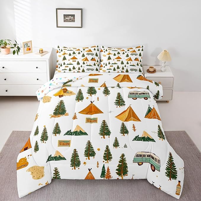 Feelyou Camping Comforter Set Full Size Vintage Comforter Camper Accessories for Travel Trailers Bedding Set Camper Duvet Set Room Decor Ivory Quilt Set