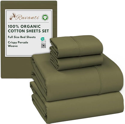 RUVANTI 100% Organic Cotton Sheets Full Size, Percale Weave, GOTS Certified, 4-Piece Set, Deep Pocket 15", Crisp & Breathable, Soft Durable Bedding, Sábanas Algodón Orgánico – Olive
