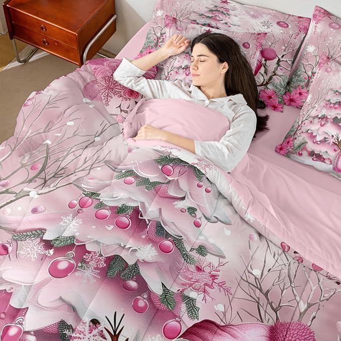 Pink Christmas Tree Comforter Set 7 Pieces,Cute Snowman Winter Bed Set,Xmas Theme Flowers Leaves Bedding King with 1 Comforter,1 Fitted Sheet,1 Flat Sheet,2 Pillowcases,2 Throw Pillow Cover