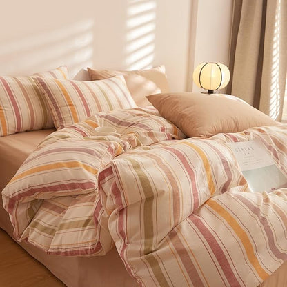 MKXI Striped Duvet Cover Set 100% Washed Cotton, 3-Piece Colorful Autumn Vibe Bedding Set with Zipper & Ties, Stripes Pattern Comforter Cover for Teens, Adults, Dorms & Bedrooms (Queen Size)