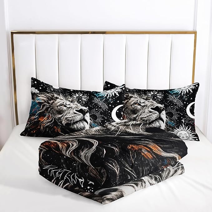 Galaxy Lion Comforter Set Full Sun and Moon Bedding Sets 3PCS for Kids Teen Adult Room Decor Ultra-Soft Lightweight Microfiber 1 Comforter with 2 Pillowcases