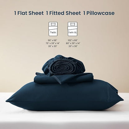 SLEEP ZONE Nanotex Super Soft Cooling Twin Bed Sheets Set for Kids 3 Piece - Easy Care Fitted Flat Sheet & Pillowcase Sets - Wrinkle Free, Fade Resistant, Deep Pocket 16" (Navy Blue, Twin)