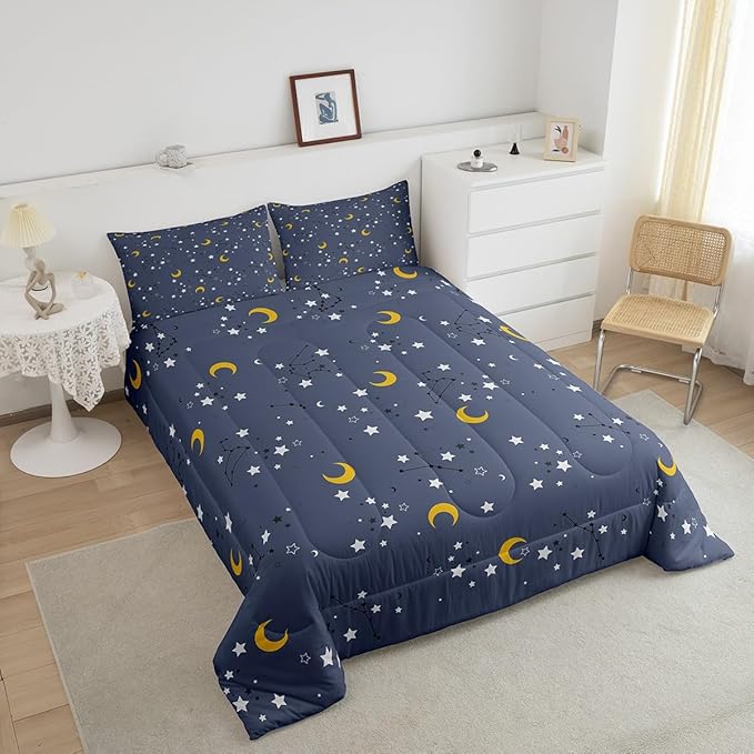 Erosebridal Moon & Stars Bedding Boys Girls 3Pcs Galaxy Comforter Set for Kids Toddler Teen, Dreamy Moon Stars Bedding Sets Constellation Space Illustration Duvet Set with 2 Pillowcases, King