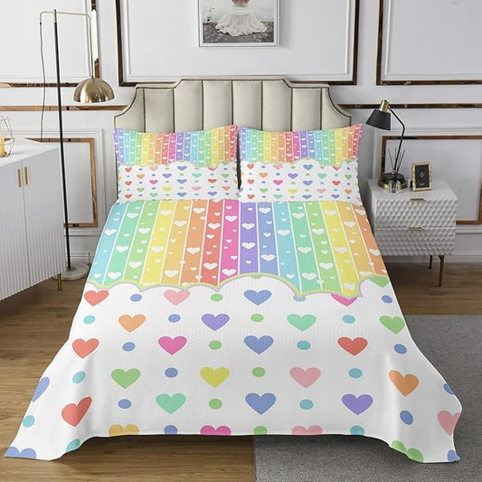 Manfei Cartoon Rainbow Kids Bedspread Queen Size,Wave Points Love Heart Dreamy Style Coverlet Set,Girls Women Room Decor,Colorful Geometric Stripes Quilted Coverlet,Chic Bedding Quilt,2 Pillowcases