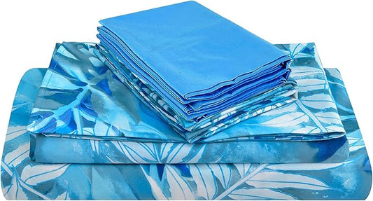 JSD Blue Tropical Leaves Print Sheet Set King Size, 6 Piece Soft Pattern Microfiber Bed Sheets Extra Deep Pocket