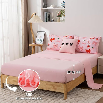 A Nice Night Red Bow Comforter Set,6 Piece Bed in a Bag Matching Sheet Set,Cute Ribbon Bowknot Bedding Sets,Princess Style Strawberry Printed,Light Pink Room Decor for Girls,Queen