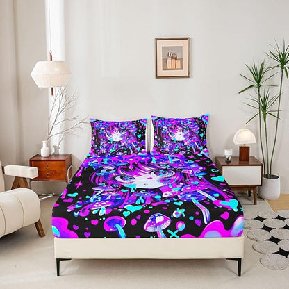 Erosebridal Japanese Girl Fitted Sheet for Boys Girls Kids Cartoon Girly Queen Bed Sheets,3D Anime Gifts Sheets Colorful Graffiti Print Bedding Sets, No Top Sheet