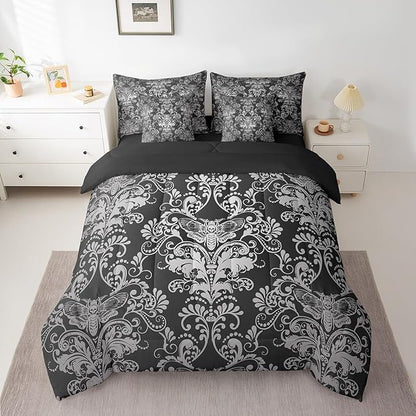 Erosebridal Gothic Damask Bed in a Bag King Size Comforter Set 7 Pieces,Exotic Moth Bedding Sets Black White Victorian Floral Goth Sheet Set with Comforter