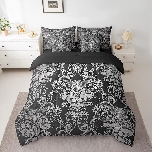 Erosebridal Gothic Damask Bed in a Bag Queen Comforter Set 7 Piece,Exotic Moth Bedding Sets Black White Victorian Floral Goth Sheet Set with Comforter