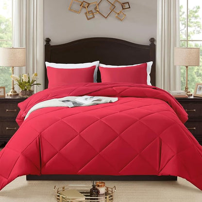 3-Piece King Comforter Set,All-Season,Soft & Hypoallergenic &Breathable Bedding,Polyester Quilted,Down Alternative(Comforter*1 & Pillowcases*2),Bright Red