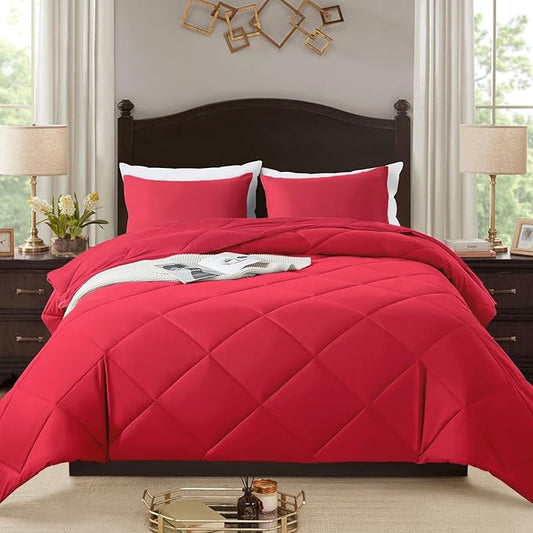 3-Piece King Comforter Set,All-Season,Soft & Hypoallergenic &Breathable Bedding,Polyester Quilted,Down Alternative(Comforter*1 & Pillowcases*2),Bright Red