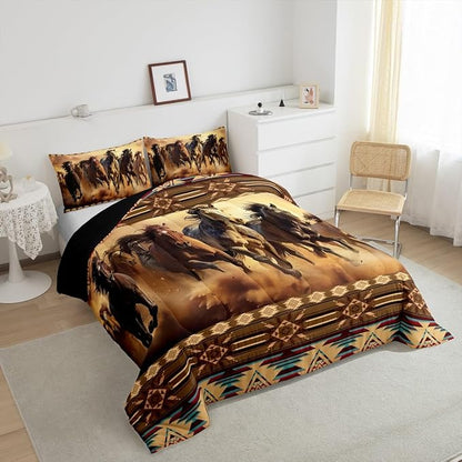 Feelyou Boho Comforter Set Full Size Horses Comforter Southwestern Native Aztec Bedding Set Retro Exotic Boho Duvet Set Room Decor Dark Brown Quilt Set