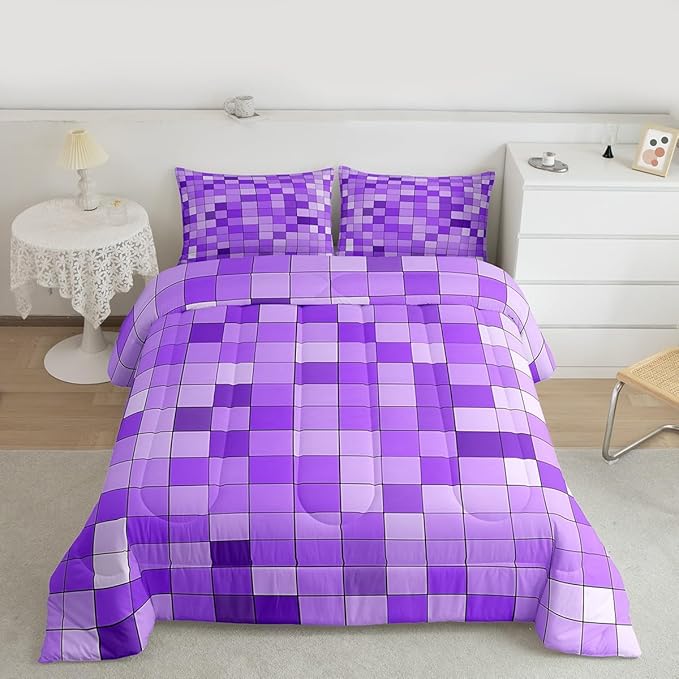 Pixelated Blocks Miners Kids Bedding Set King Size,Video Games Game Gamepad Comforter Set,Geometric Grid Patchwork Quilt Comforter,Purple Bedroom Duvet Insert,2 Pillowcases