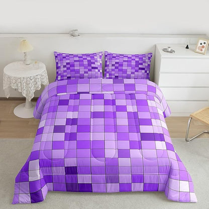 Pixelated Blocks Miners Kids Bedding Set King Size,Video Games Game Gamepad Comforter Set,Geometric Grid Patchwork Quilt Comforter,Purple Bedroom Duvet Insert,2 Pillowcases