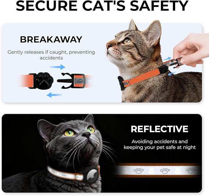 Breakaway AirTag Cat Collar, Reflective Cat Tracker Collar with Bell | Built in AirTag Holder, Adjustable 8.5-12in for Cats, Kittens and Puppies, Safety Elastic Band, Reflective for Night Walking