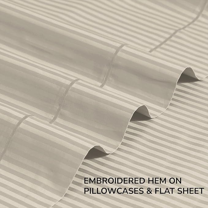 Feather & Stitch 500 TC Full Size Damask Bed Sheet Set, 100% Cotton Soft Breathable Bedsheets, 4 Piece 18" Deep Pockets Sateen Weave Striped Bedding Mattress Resort Hotel Luxury- (Beige Stripe)