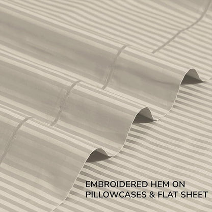 Feather & Stitch 500 TC Full Size Damask Bed Sheet Set, 100% Cotton Soft Breathable Bedsheets, 4 Piece 18" Deep Pockets Sateen Weave Striped Bedding Mattress Resort Hotel Luxury- (Beige Stripe)