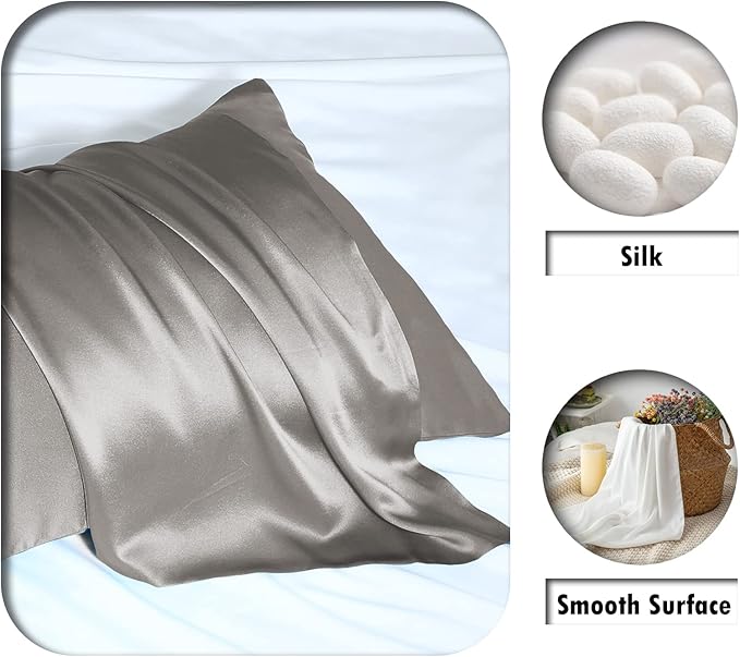 Silk Pillow Cases 2 Pack,Soft Breathable and Sliky Standard Size Pillow Cases Set of 2,Natural Mulberry Silk Pillowcase Set of 2 for Hair and Skin with Hidden Zipper (Gray,20"X 26",2pcs)