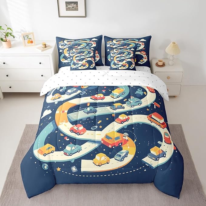 Castle Fairy Road Traffic Comforter Set King Size,Colorful Cartoon Cars Bed Set 7pcs with Comforter,Fitted Sheet,Flat Sheet,2 Pillowcases and 2 Throw Pillow Covers,Vehicle Car Bedding for Kids