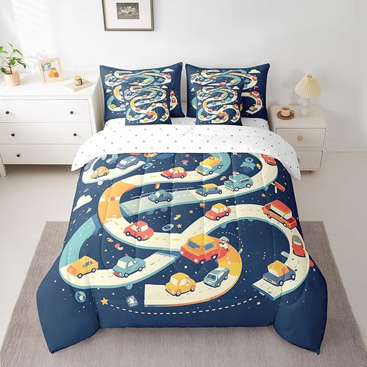 Castle Fairy Road Traffic Comforter Set King Size,Colorful Cartoon Cars Bed Set 7pcs with Comforter,Fitted Sheet,Flat Sheet,2 Pillowcases and 2 Throw Pillow Covers,Vehicle Car Bedding for Kids