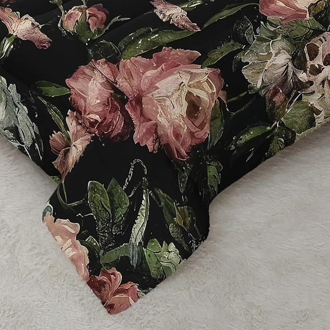 Boho Floral Comforter Set Full Black Floral Bedding Sets 3PCS for Kids Teen Adult Flowers Leaves Room Decor Ultra-Soft Lightweight Microfiber 1 Comforter with 2 Pillowcases