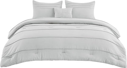 Bedsure Queen Comforter Set - 4 Pieces Pinch Pleat Bed Set, Light Grey Boho Bedding for All Season, 1 Soft Comforter, 2 Pillowcases, 1 Decorative Pillow