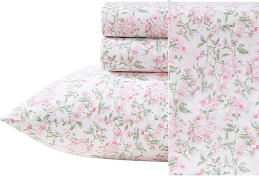 Laura Ashley - Full Sheet Set, Crisp & Cool Cotton Percale Bedding for Year Round Comfort, Deep Pocket, Bed Sheets with Matching Pillowcases (Blossom Bliss Pink)