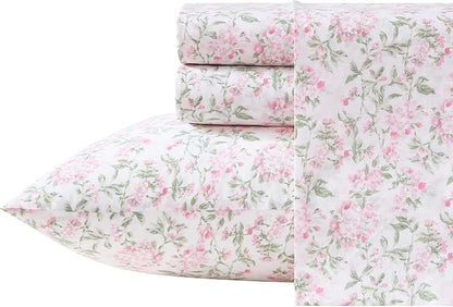 Laura Ashley - Twin Sheet Set, Crisp & Cool Cotton Percale Bedding for Year Round Comfort, Deep Pocket, Bed Sheets with Matching Pillowcase (Blossom Bliss Pink)