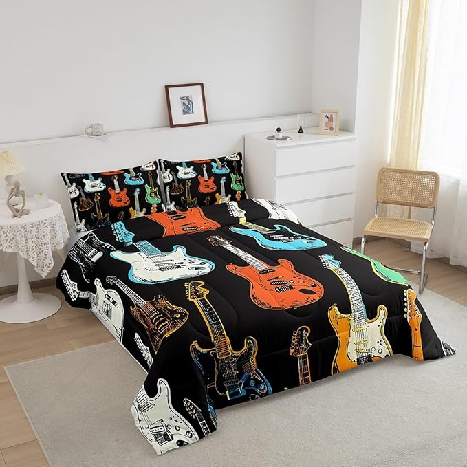 Castle Fairy Colorful Guitar Bedding Set Full Size Musical Instruments Comforter for Child Toddler Teens Rock Bass Music Lover Down Comforter Sketch Style Guitar Duvet Insert with 2 Pillowcases
