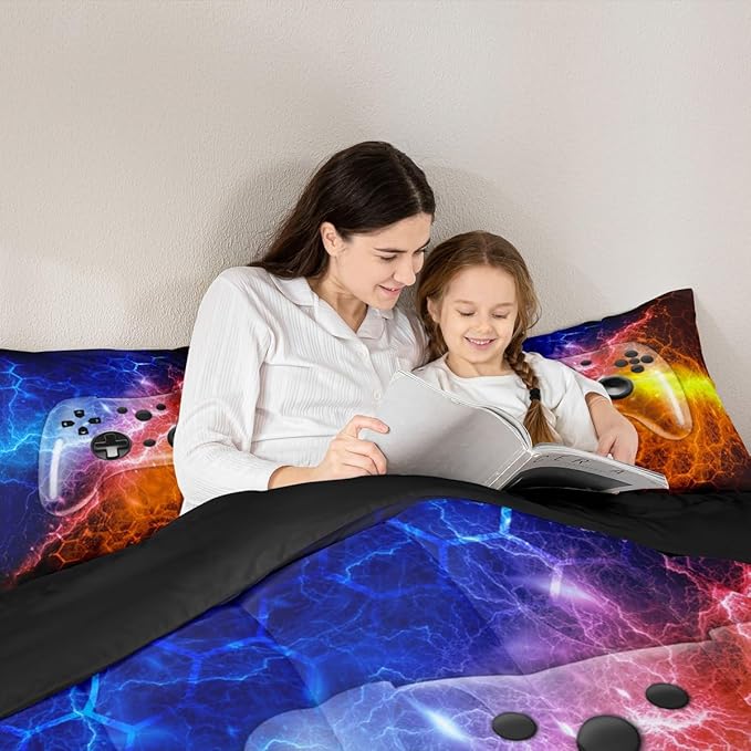Erosebridal Gaming Bedding Set for Kids Boys Gamer Comforter Set Twin Size,Green Blue Lighting Gamepad Bedding for Teens Honeycomb Game Room Decor,Soft Neon Console Quilt Duvet 2Pcs