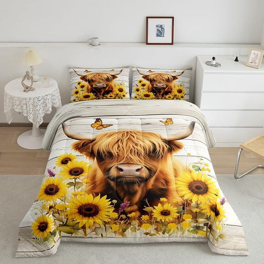 Feelyou Highland Cow Comforter Set Toddler Size Highland Cattle Comforter for Boys Girls Teens Animal Bedding Set Wildlife Duvet Set Room Decor Yellow Beige Quilt Set