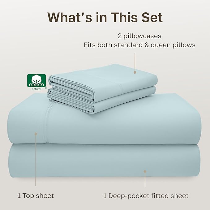 California Design Den - Luxury Full Size Sheet Set - 100% Cotton, 600 Thread Count Deep Pocket Full Size Bed Sheets, Sateen Weave - Seafoam