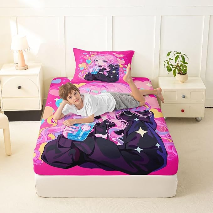 Erosebridal Preppy Girls Sheets for Boys Girls Kawaii Japanese Girl Drinking Water Fitted Sheet,Coquette Girl with Colorful Curly Hair Kids Bedding Sets Pink Anime Gifts Bed Sets Twin 2 Piece