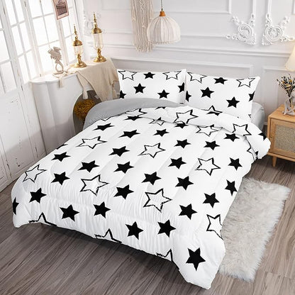 Axolotl Kids Full Bedding Comforter Set,3Pcs Super Cute Soft Black and White Stars Quilt Set Bed in A Bag with 1 Comforter 2 Pillowcases for Kids Boys Girls Teens Adults Room Decor All Season