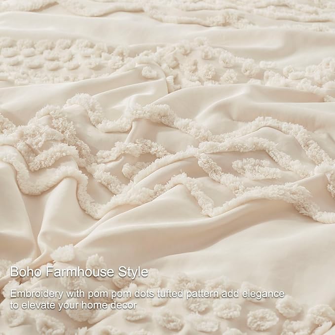 Luxudecor Beige Tufted Comforter Set King Size 3 Pieces Boho Shabby Chic Comforter Farmhouse Embroidery Bed Set Soft Comforter for All Seasons (Beige, 104''x90'')