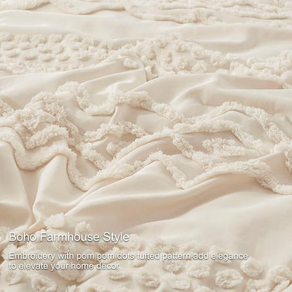 Luxudecor Beige Tufted Comforter Set King Size 3 Pieces Boho Shabby Chic Comforter Farmhouse Embroidery Bed Set Soft Comforter for All Seasons (Beige, 104''x90'')