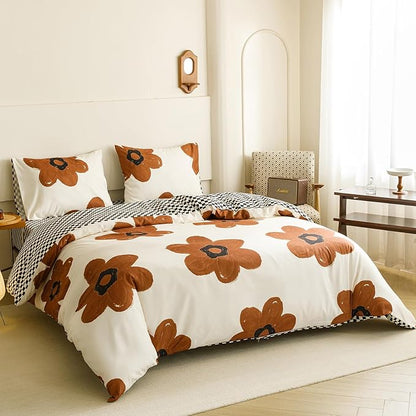 KAREVER Pumpkin Floral Comforter Queen White with Pumpkin Flower Bedding Set 3 PCs Comforter Set Queen Size Comforter (90x90 Inches) with 2 Pillowcases (26x26 inches)