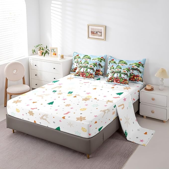 Castle Fairy Cute Winter Snowman Full Comforter Set with Sheets Bed in a Bag 7 Pcs, Botanical Leaves Bed Set,Farmhouse Style Bedding Sets with Comforter,Flat,Fitted Sheet,Pillowcases,Pillow Covers