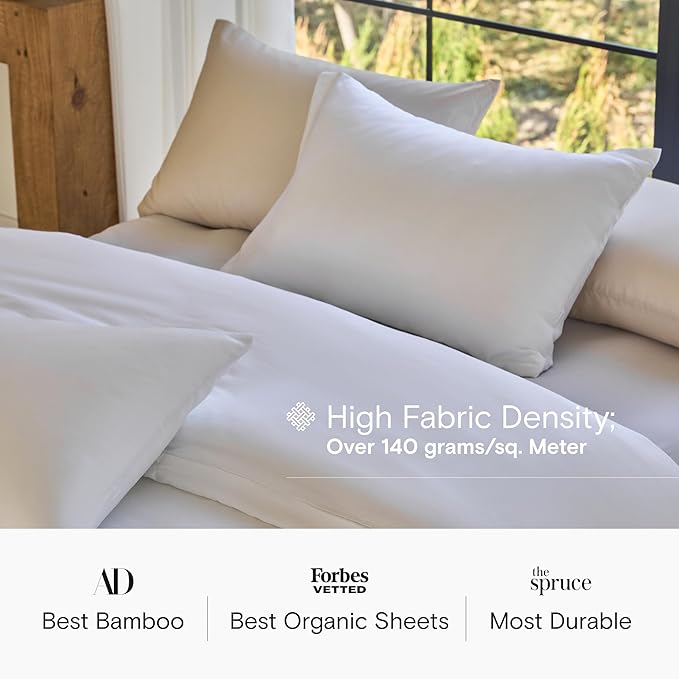 DOZ Sheet Set, 100% Viscose derived from Bamboo, Organically Grown, Buttery Soft, Cooling Sheets, High GSM, Deep Pockets - 4 Piece - 2 Pillowcases 1 Fitted 1 Top Sheet (Snow, Queen)