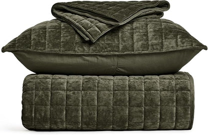RECYCO Luxury Velvet Quilt Set Twin/Twin XL Size, Lightweight Velvet Comforter Set, Oversized Bedspread Coverlet Quilted Bedding Set, with 1 Matching Pillow Sham, for All Season, Olive Green