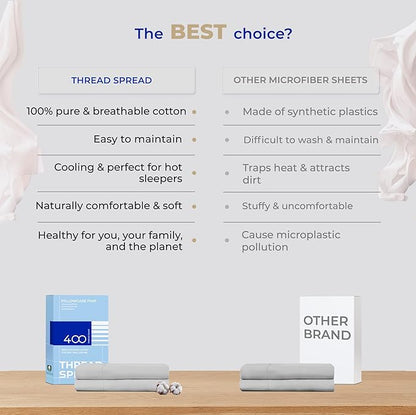 THREAD SPREAD 100% Cotton Pillow Cases Queen Size Set of 2 - Luxury 400 Thread Count Queen Pillow Cases (Silver), Soft Cooling Breathable Hotel Quality Cotton Pillowcases, Fits Standard Pillows