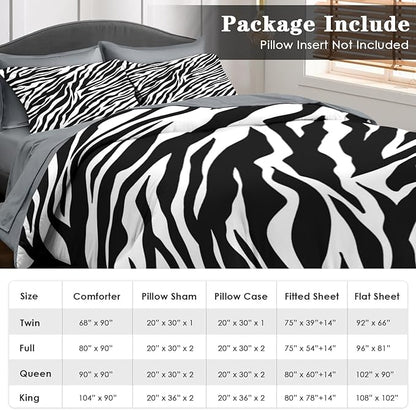 Comforter Set King Size, Zebra Stripe Animal 7 Pcs Bedding for Kids and Adults, Black White Bed Sheet Sets with Fitted Sheet 2 Pillowcases & 2 Shams for Bedroom Bed Decor