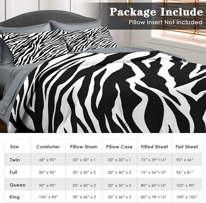 Comforter Set Twin Size, Zebra Stripe Animal 5 Pcs Bedding for Kids and Adults, Black White Bed Sheet Sets with Fitted Sheet Pillowcase & Sham for Bedroom Bed Decor