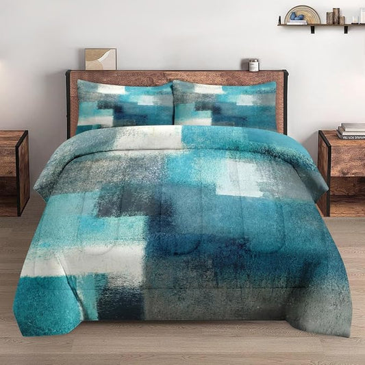 Queen Size Comforter Set with 2 Pillowcases, Painting Contemporary Teal Turquoise Grey Soft 3 Pcs Bedding for Kids and Adults Bedroom Bed Decor