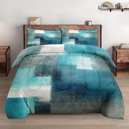 King Size Comforter Set with 2 Pillowcases, Turquoise Grey Painting Contemporary Teal Soft 3 Pcs Bedding for Kids and Adults Bedroom Bed Decor