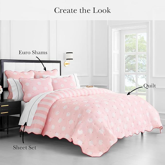 kate spade new york Stripe Dot 2-Piece Twin Quilt Bedding Set, 100% Cotton Reversible Cover, All Season Warmth Bedding, Machine Washable, Pink