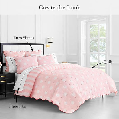 kate spade new york Stripe Dot 3-Piece King Quilt Bedding Set, 100% Cotton Reversible Cover, All Season Warmth Bedding, Machine Washable, Pink